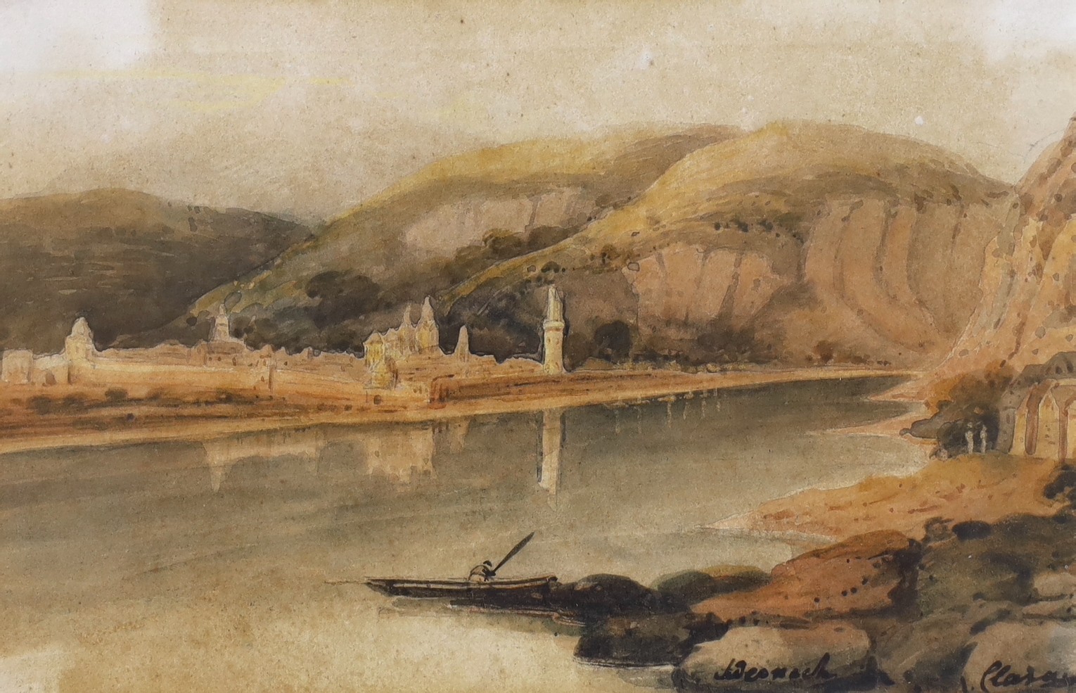 Attributed to Clara Peach, watercolour, Continental view, river landscape, inscribed verso ‘On The Rhine’, dated 1820, 12 x 19cm